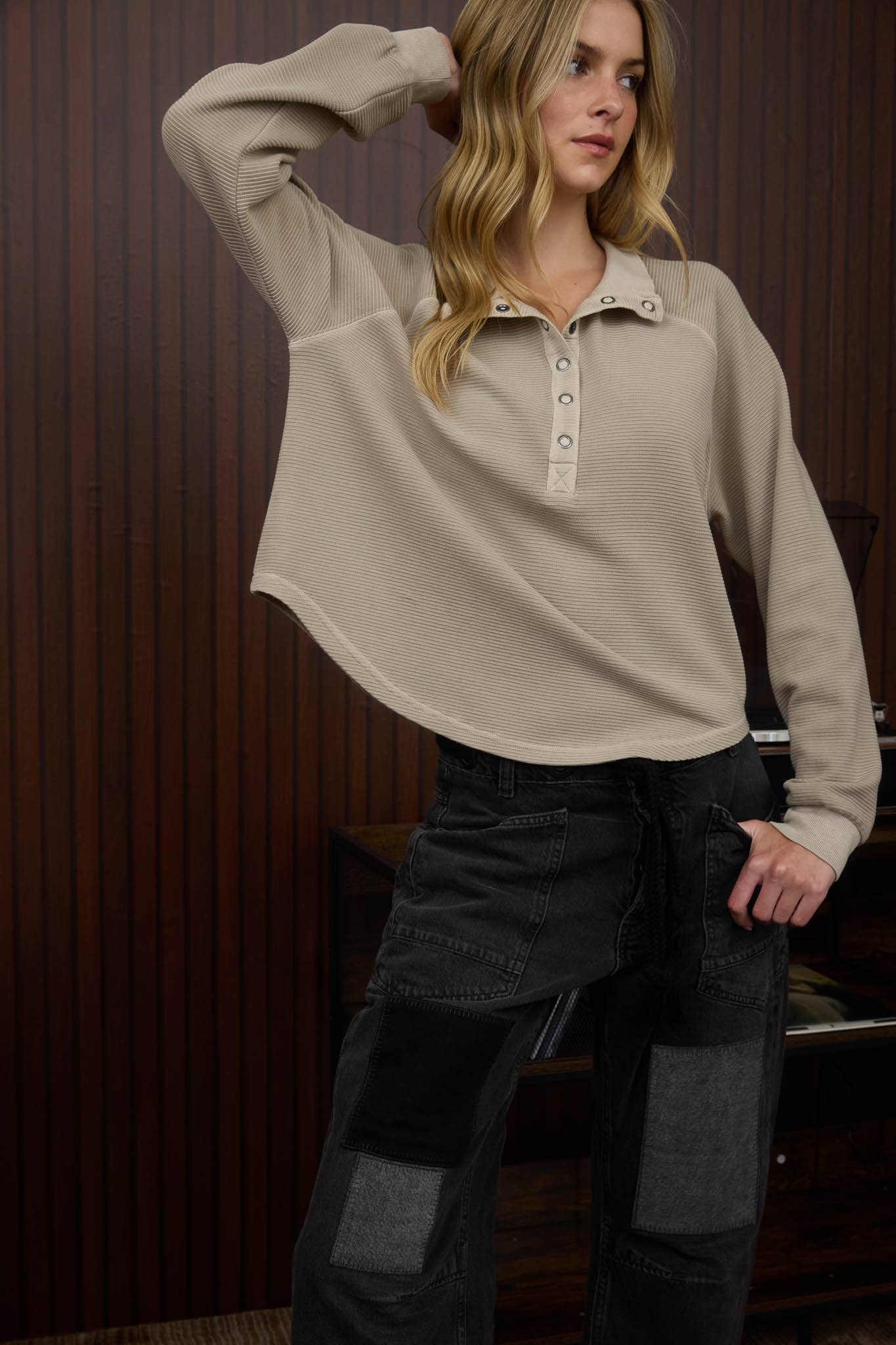 Ribbed Mock Neck Henley Knit Top