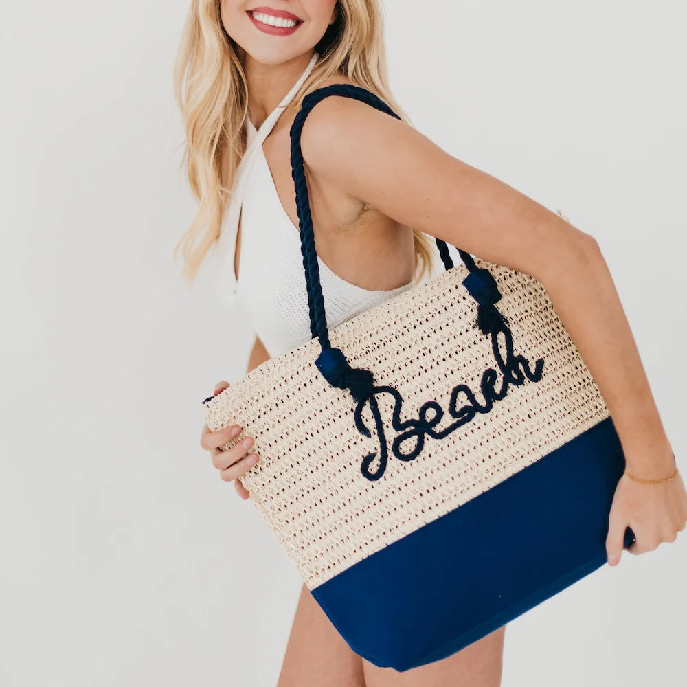 Beach Bum Raffia Tote Bag-Navy
