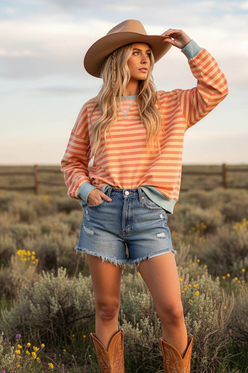 Color Pop Stripe Sweatshirt - Coral + Yellow
