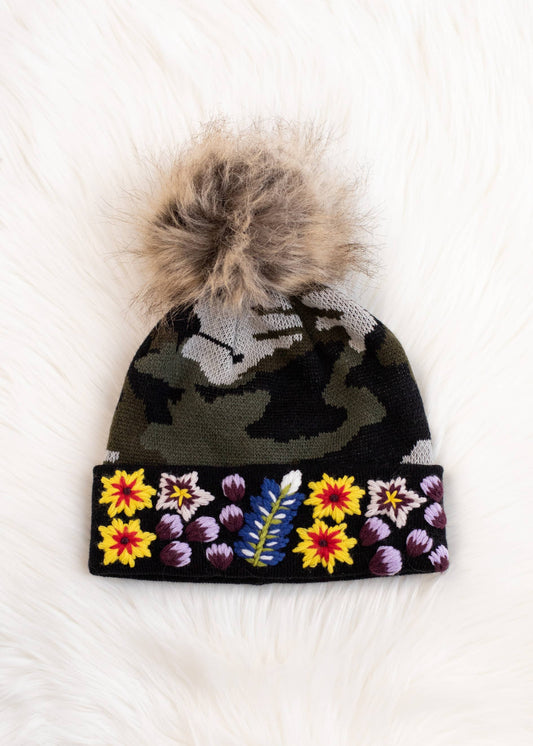 Green Camo Knit Hat with Floral Accent