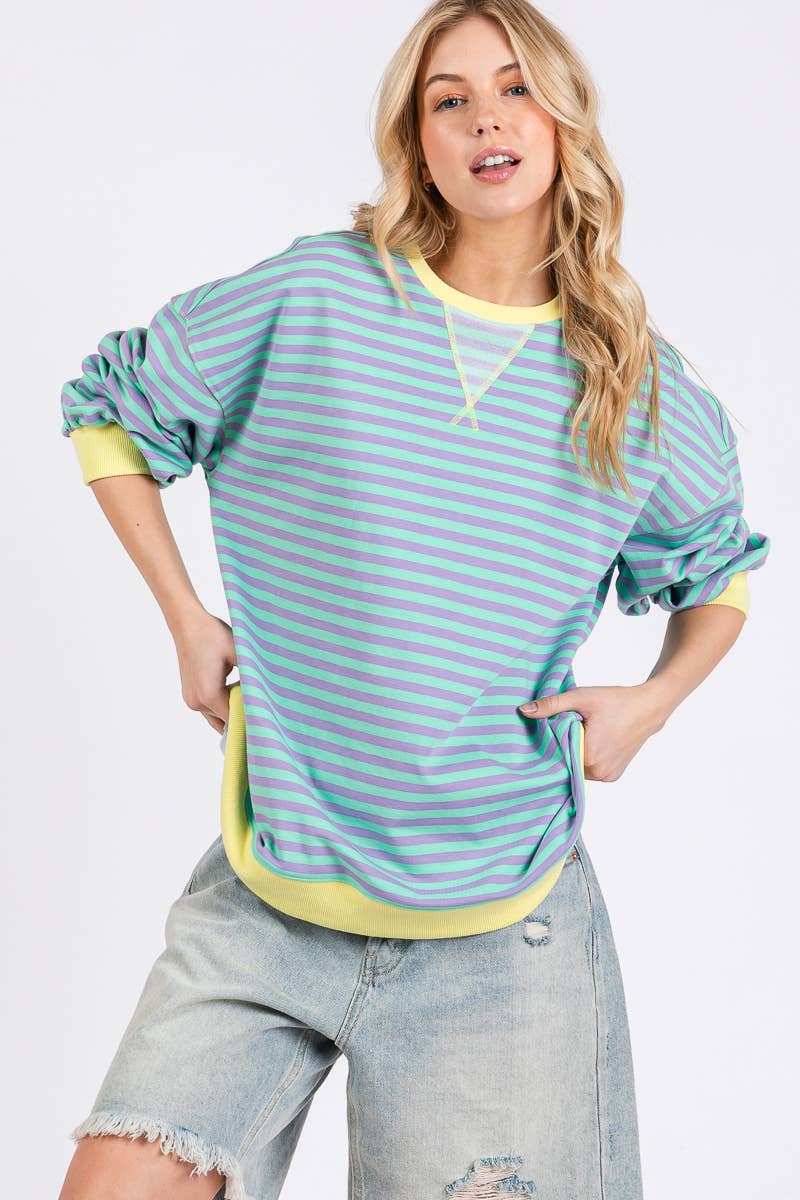 Color Pop Stripe Sweatshirt - Green + Lilac