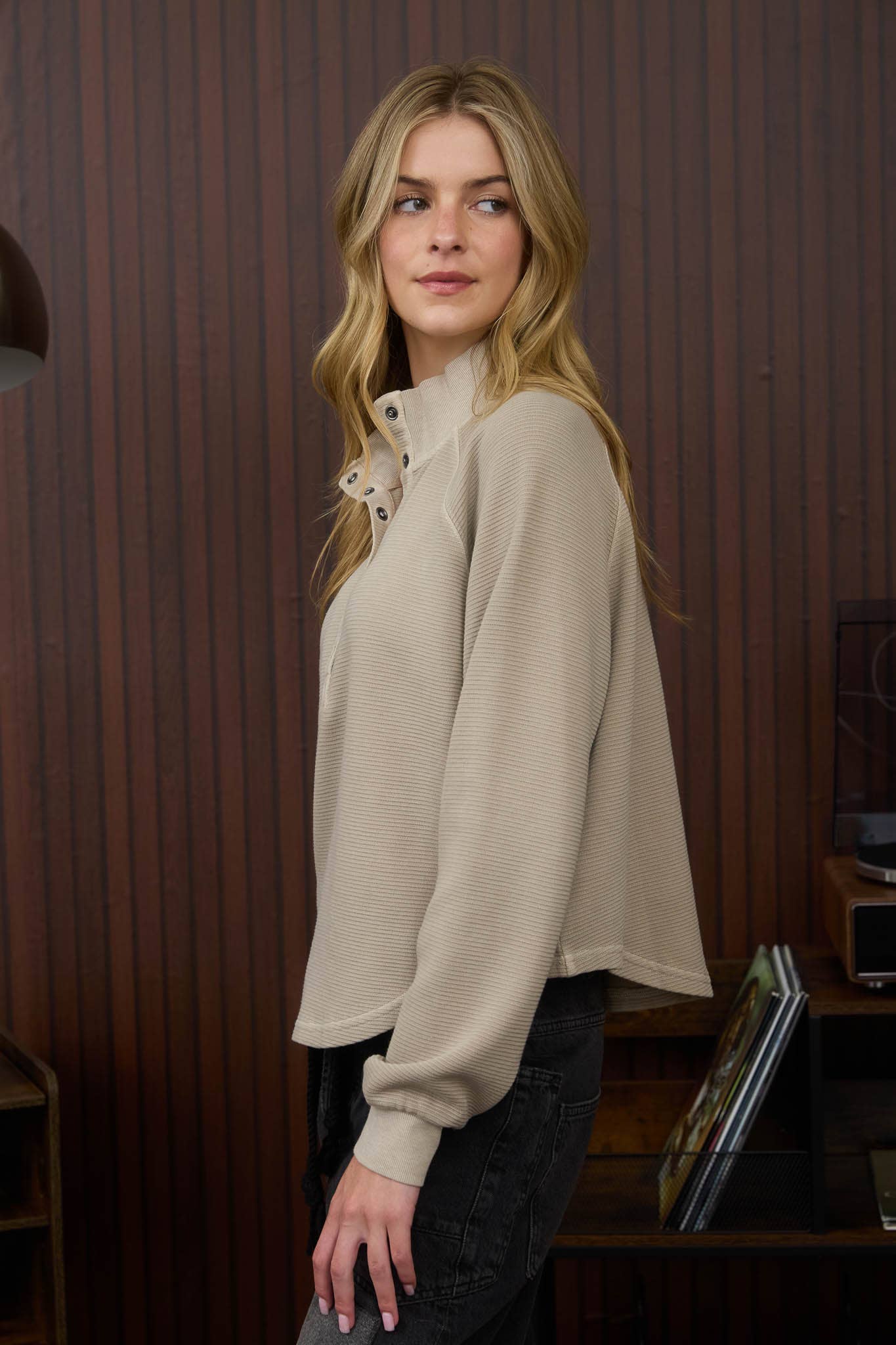 Ribbed Mock Neck Henley Knit Top