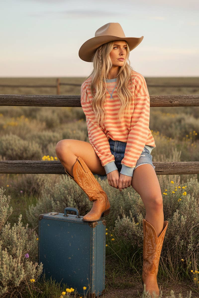 Color Pop Stripe Sweatshirt - Coral + Yellow