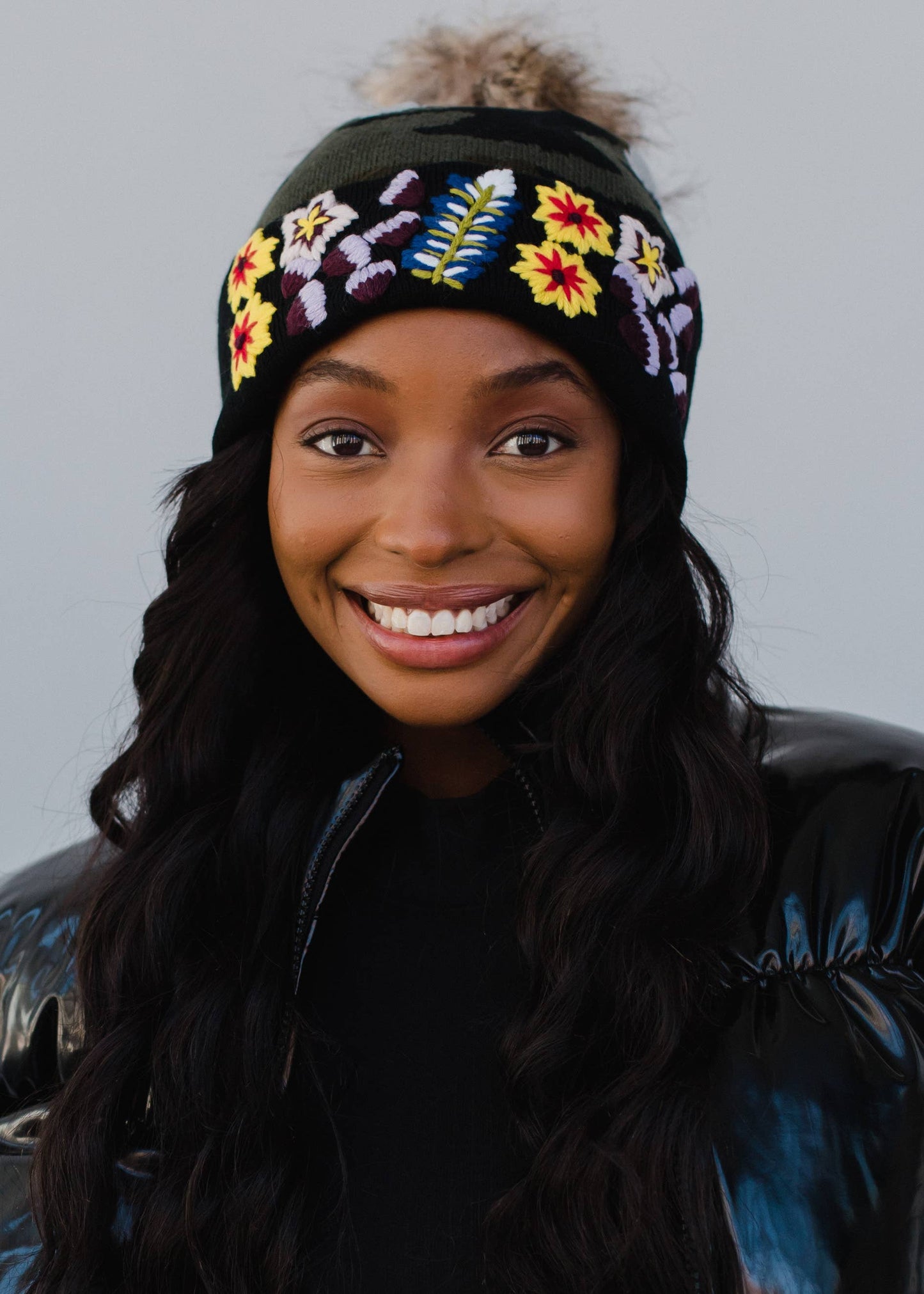 Green Camo Knit Hat with Floral Accent