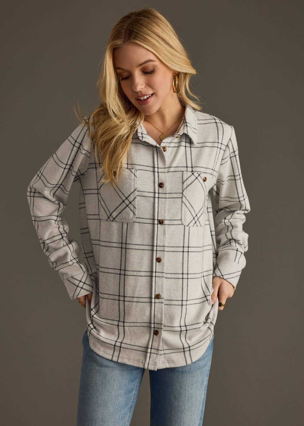 Light Gray & Black Plaid Super Soft Button Up