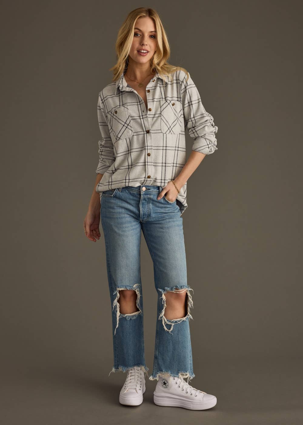 Light Gray & Black Plaid Super Soft Button Up