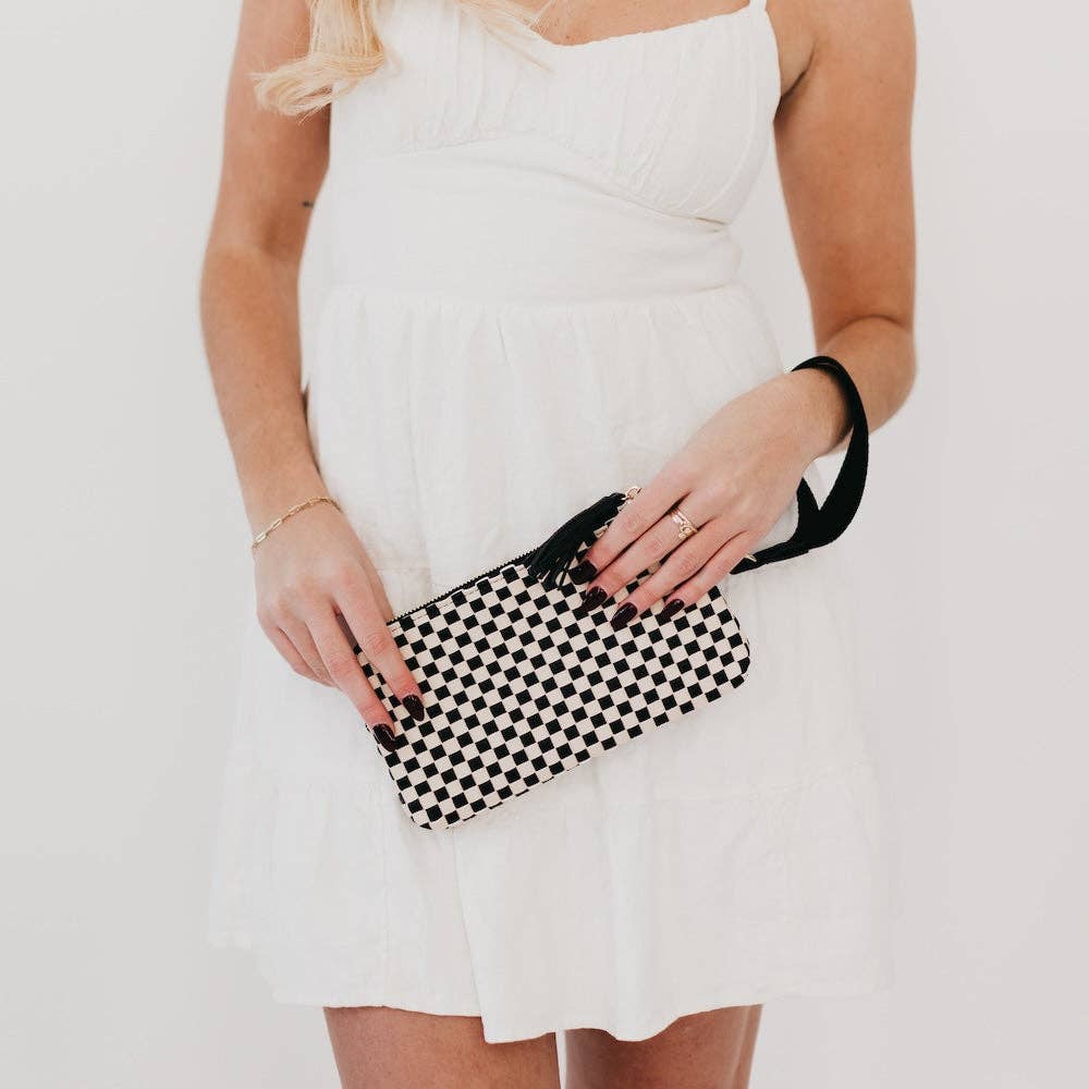 Emma Woven Clutch Wristlet - Black Checkered