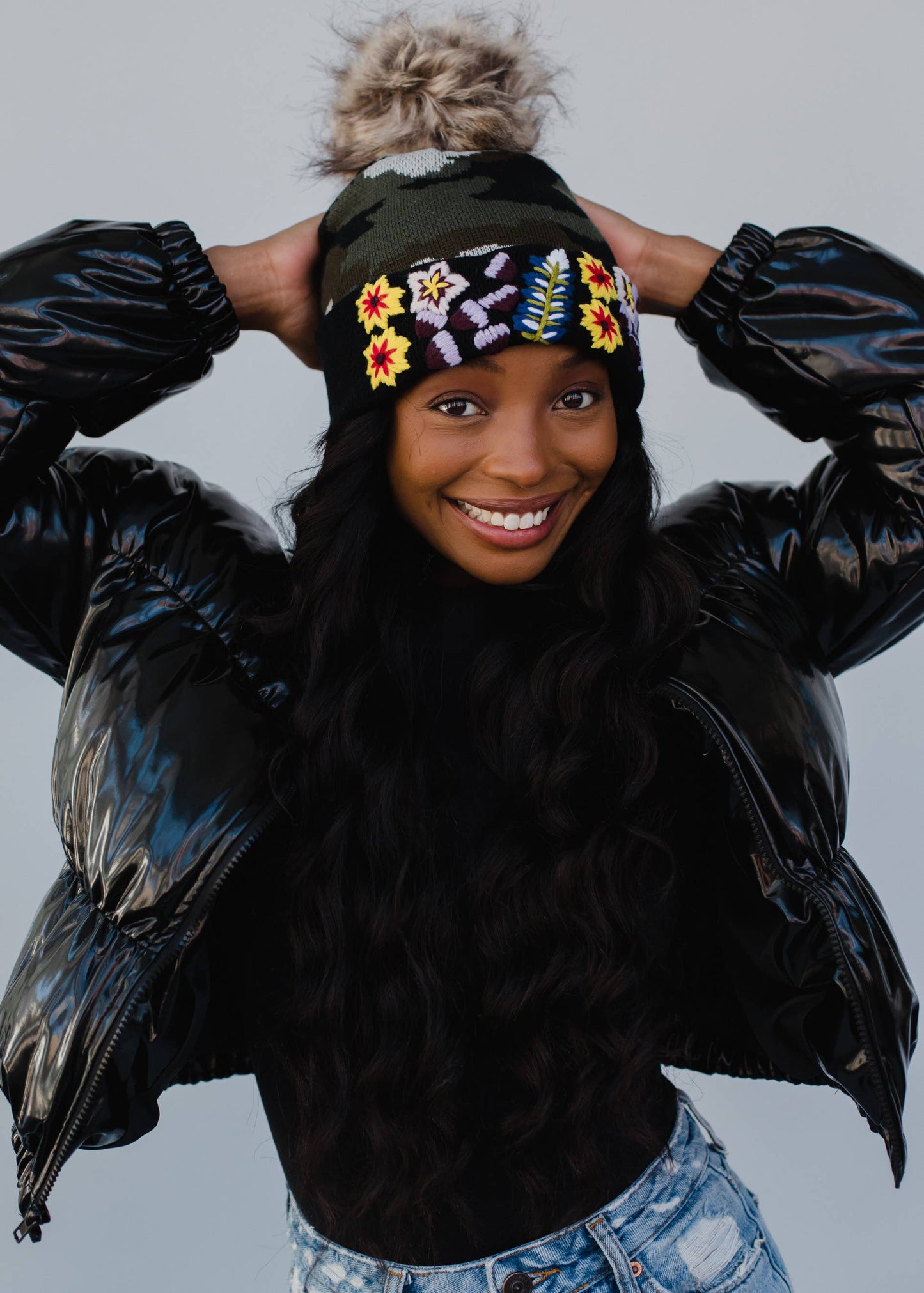 Green Camo Knit Hat with Floral Accent