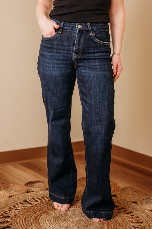 Vervet: High Rise Dark Trouser Hem Vintage Flare Jeans