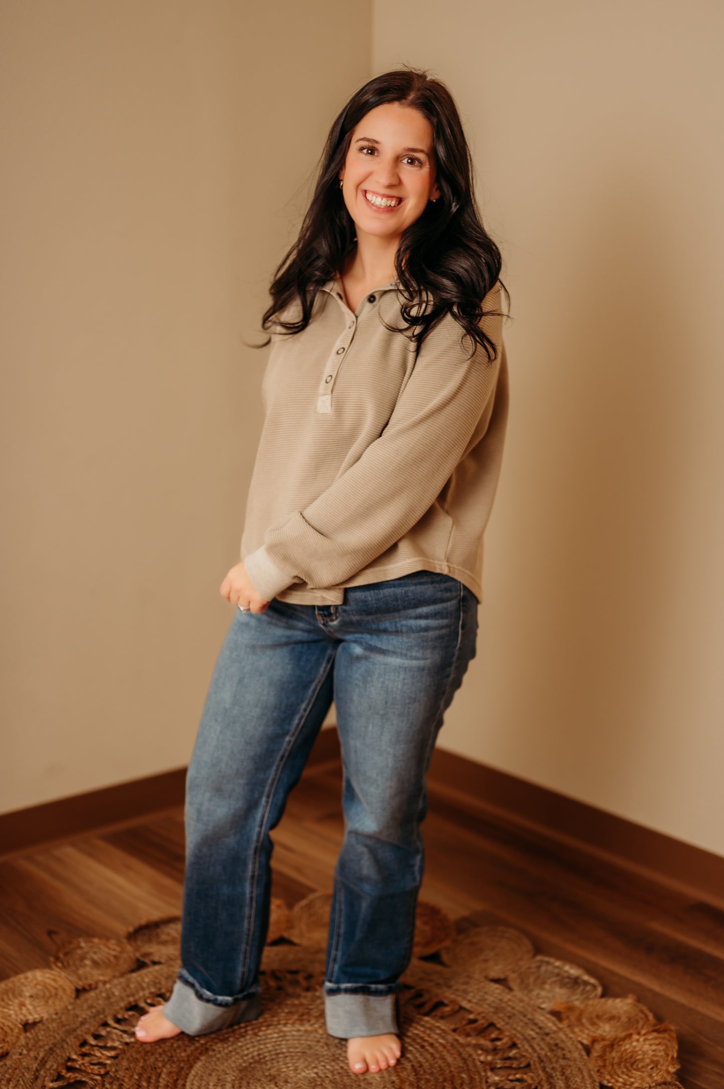 Ribbed Mock Neck Henley Knit Top - Mocha