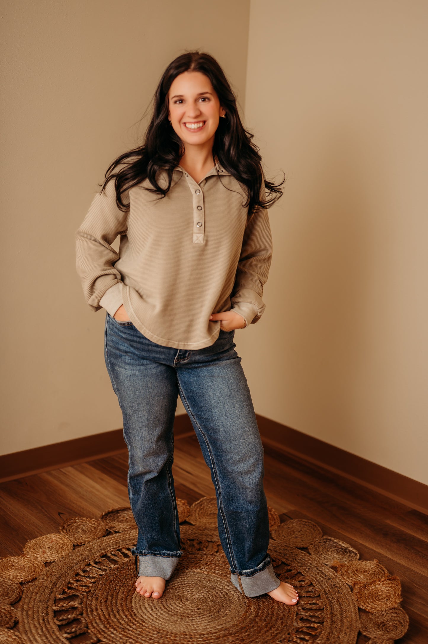 Ribbed Mock Neck Henley Knit Top - Mocha