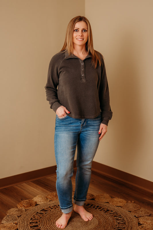 Ribbed Mock Neck Henley Knit Top - Charcoal