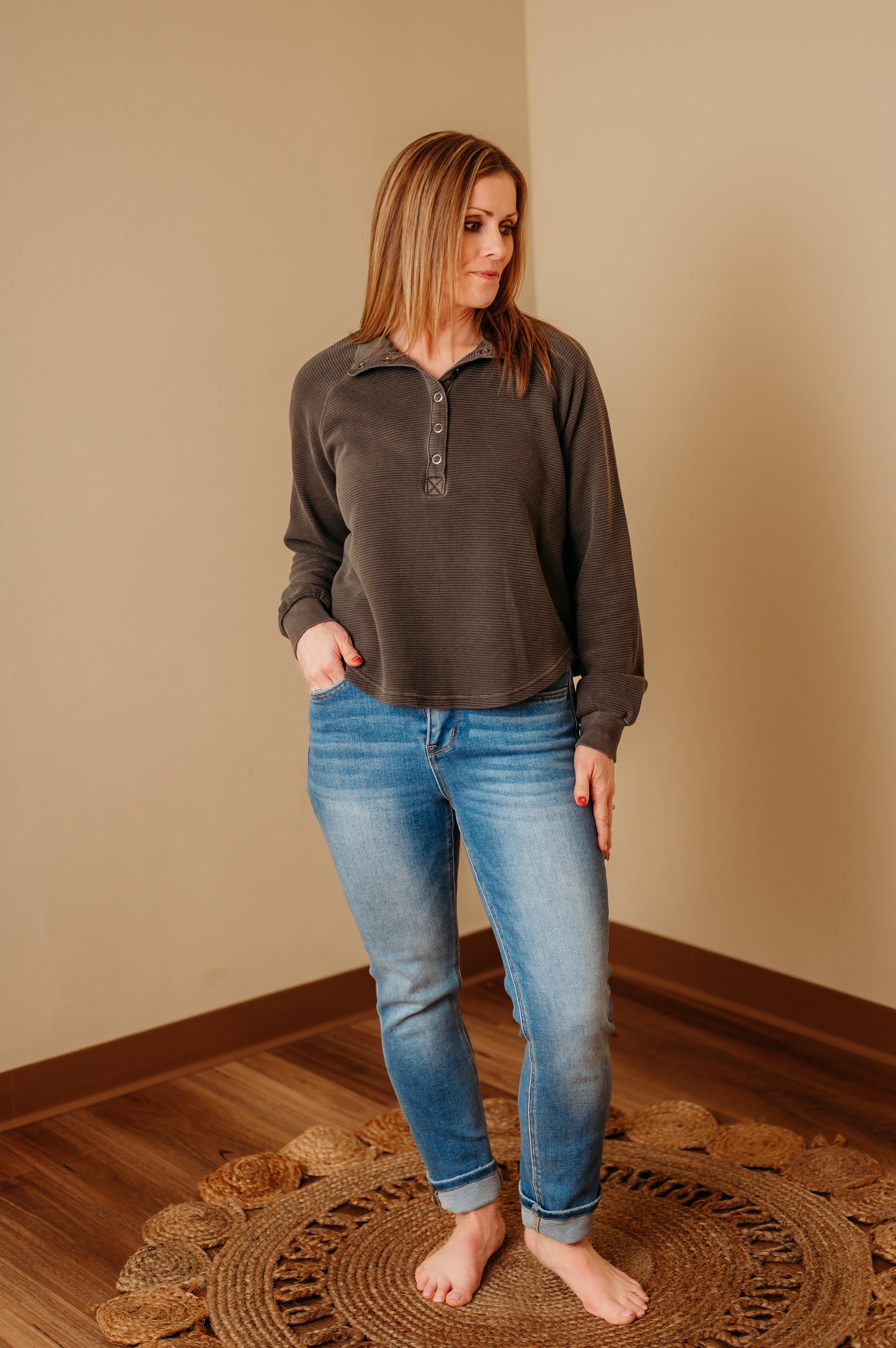 Ribbed Mock Neck Henley Knit Top - Charcoal