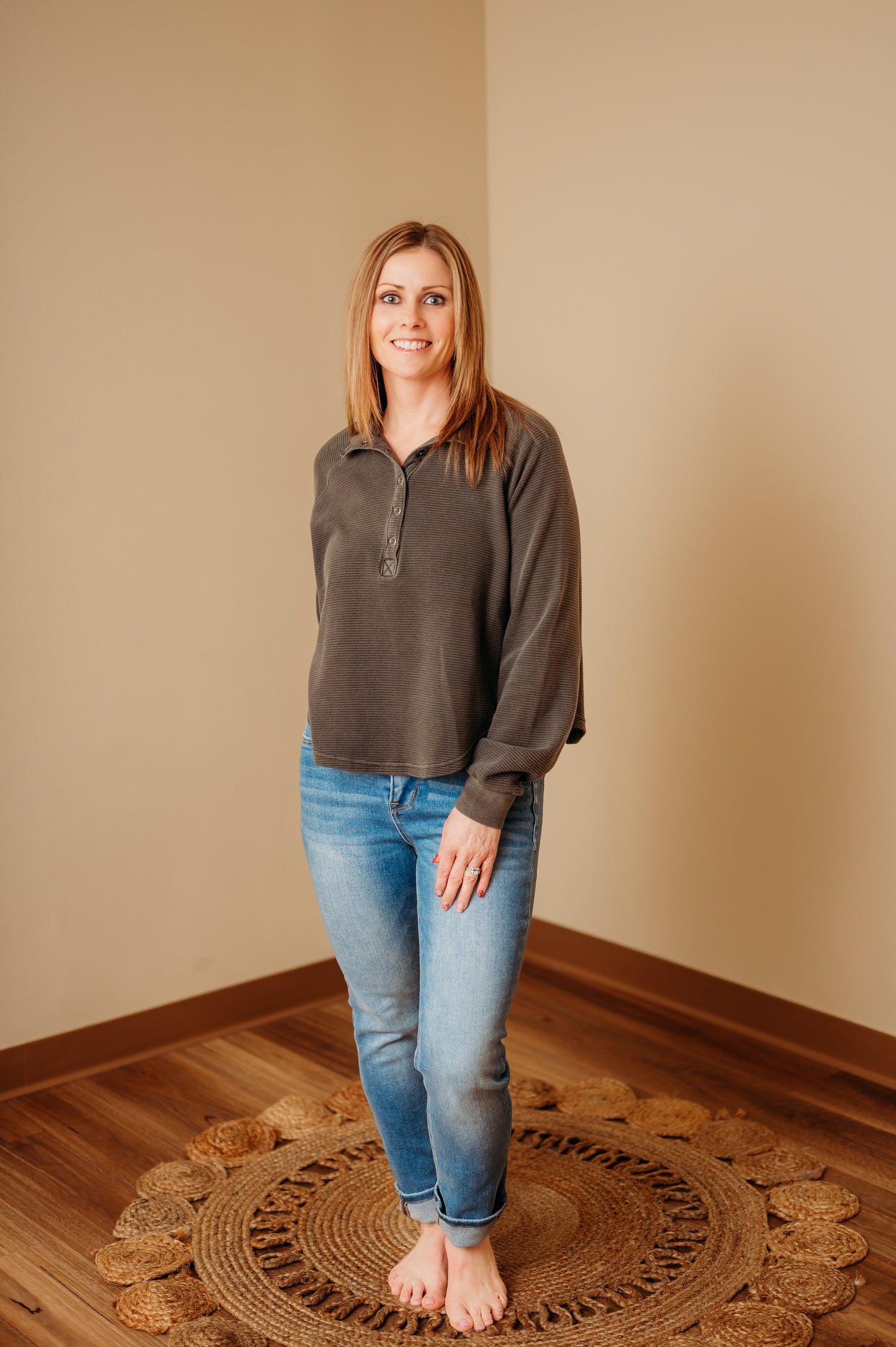 Ribbed Mock Neck Henley Knit Top - Charcoal