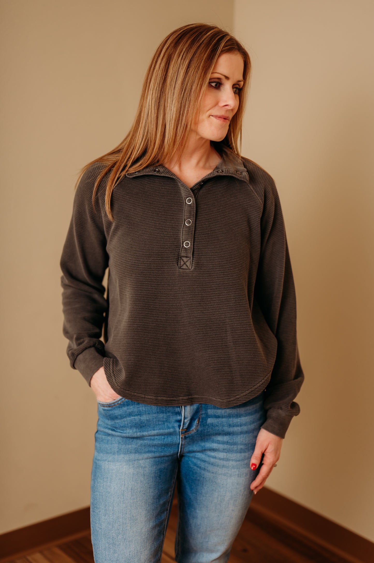 Ribbed Mock Neck Henley Knit Top - Charcoal