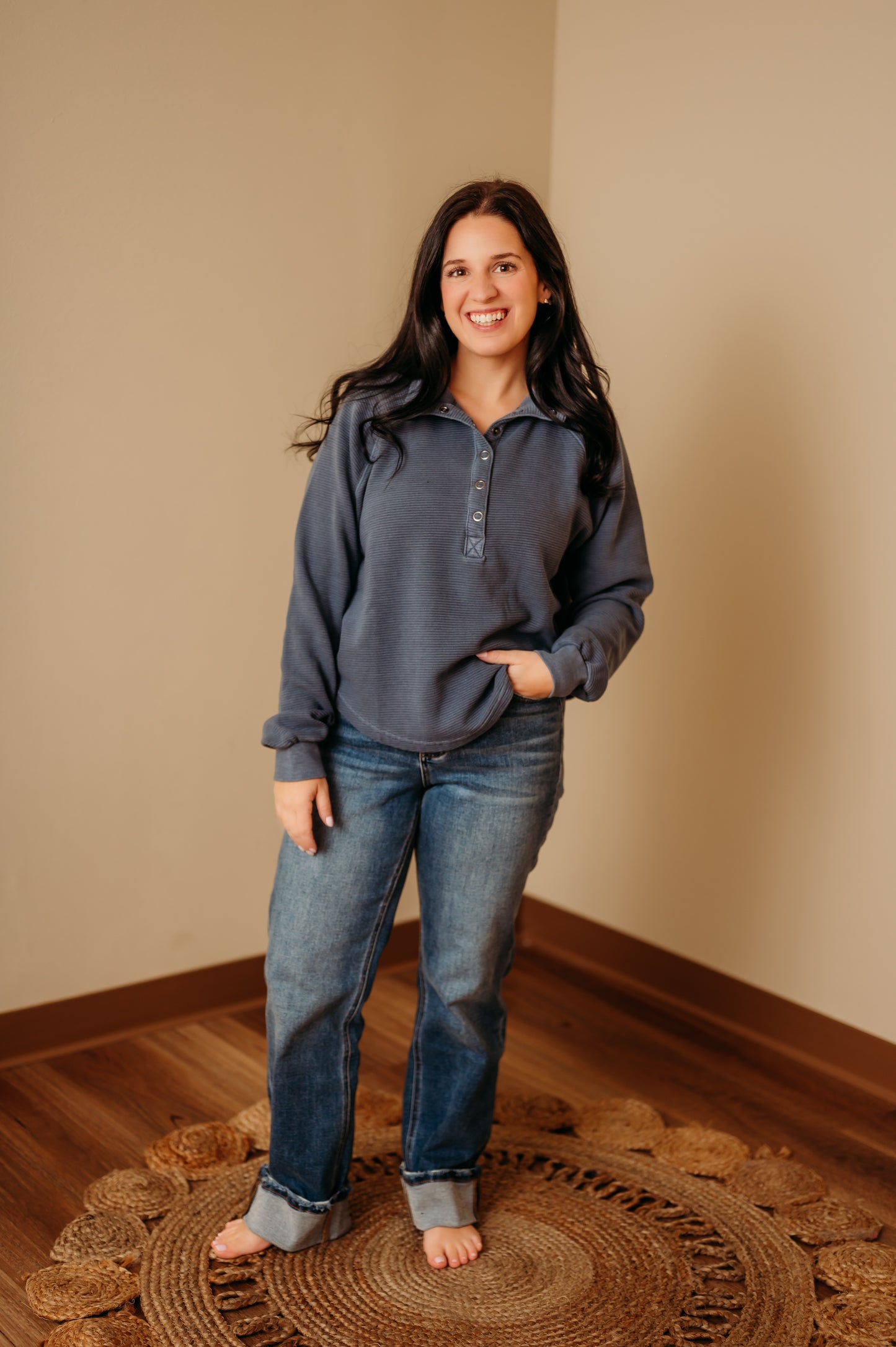 Ribbed Mock Neck Henley Knit Top - Denim