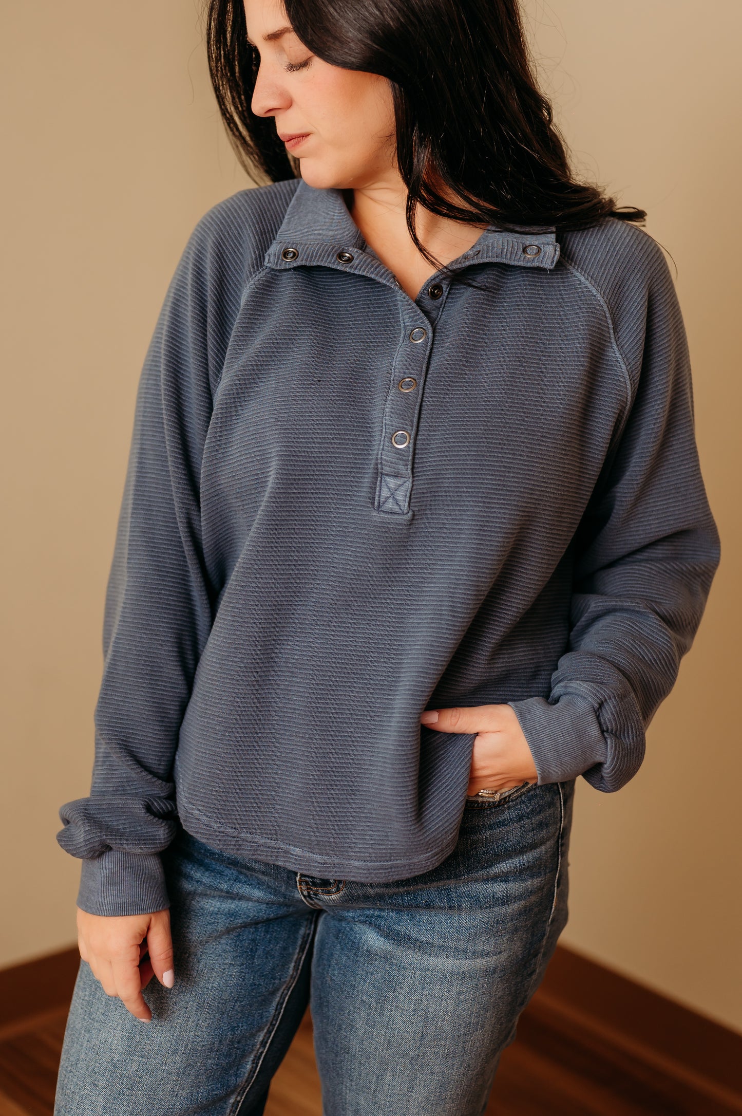 Ribbed Mock Neck Henley Knit Top - Denim