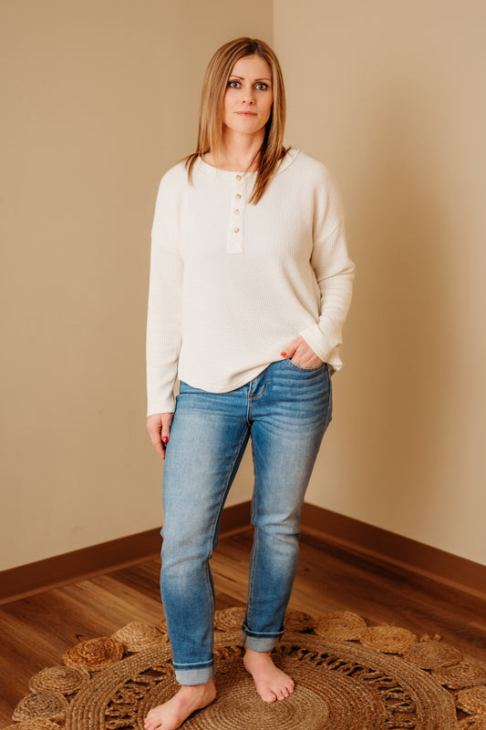 Waffle Knit Half Button Top