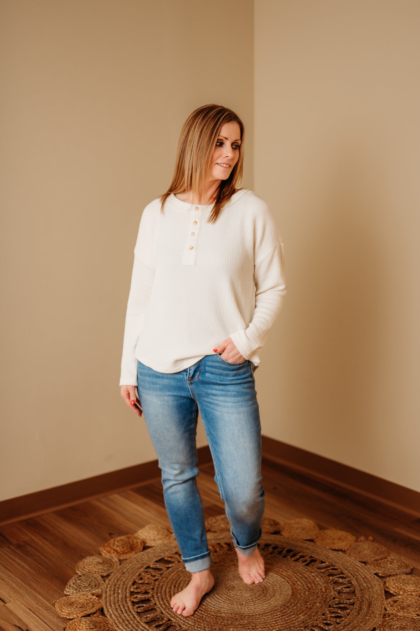 Waffle Knit Half Button Top