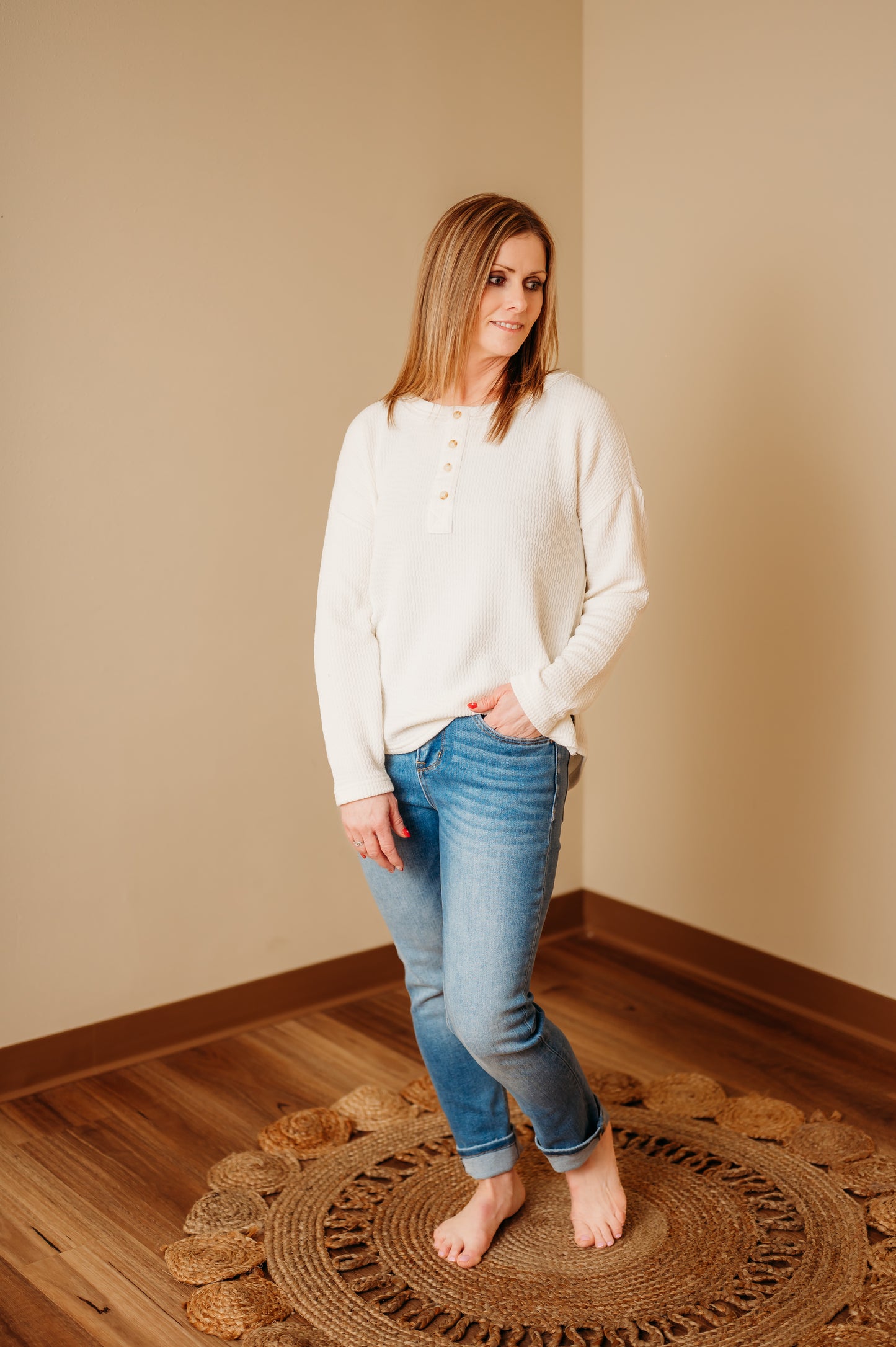 Waffle Knit Half Button Top