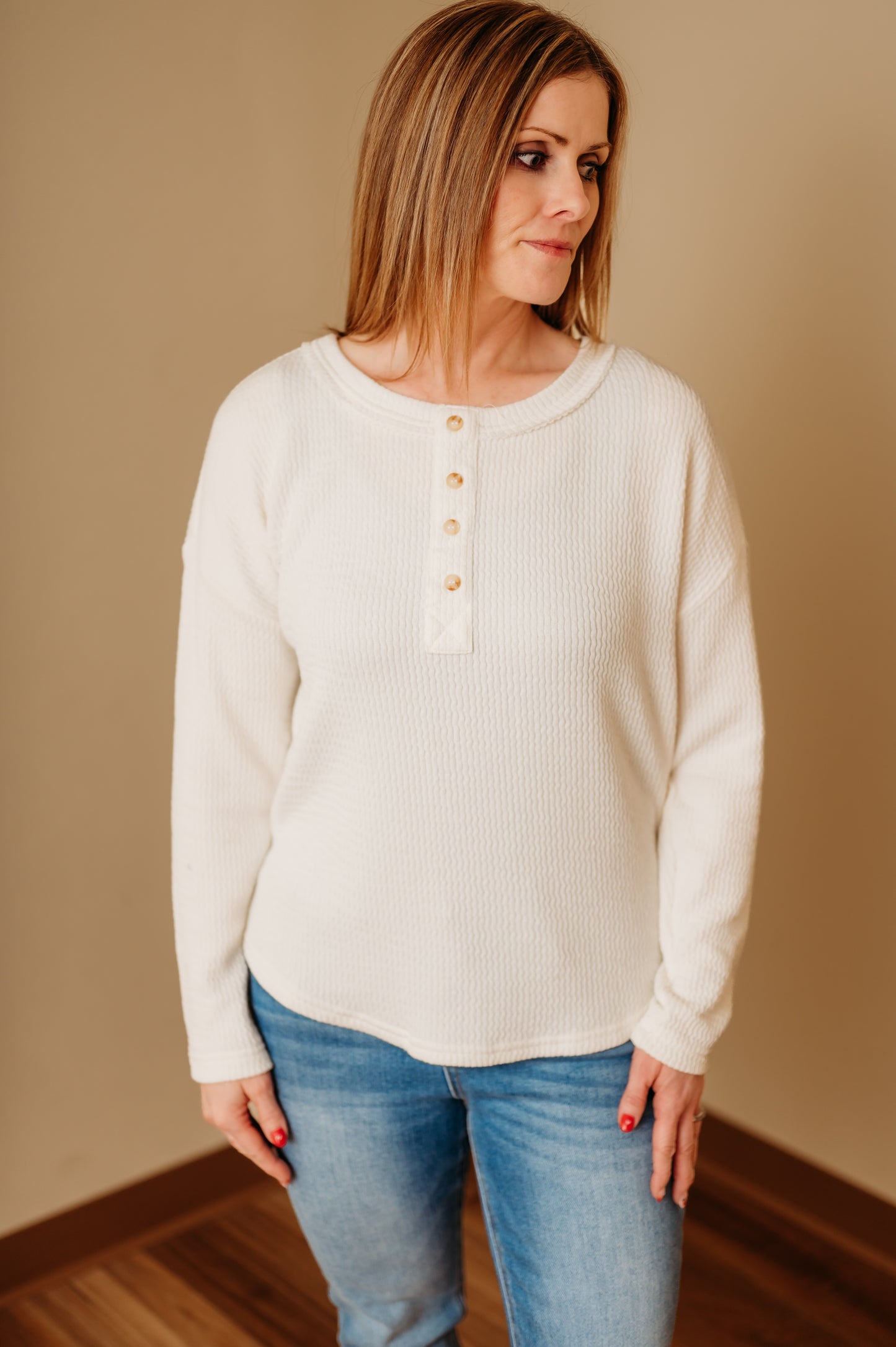 Waffle Knit Half Button Top