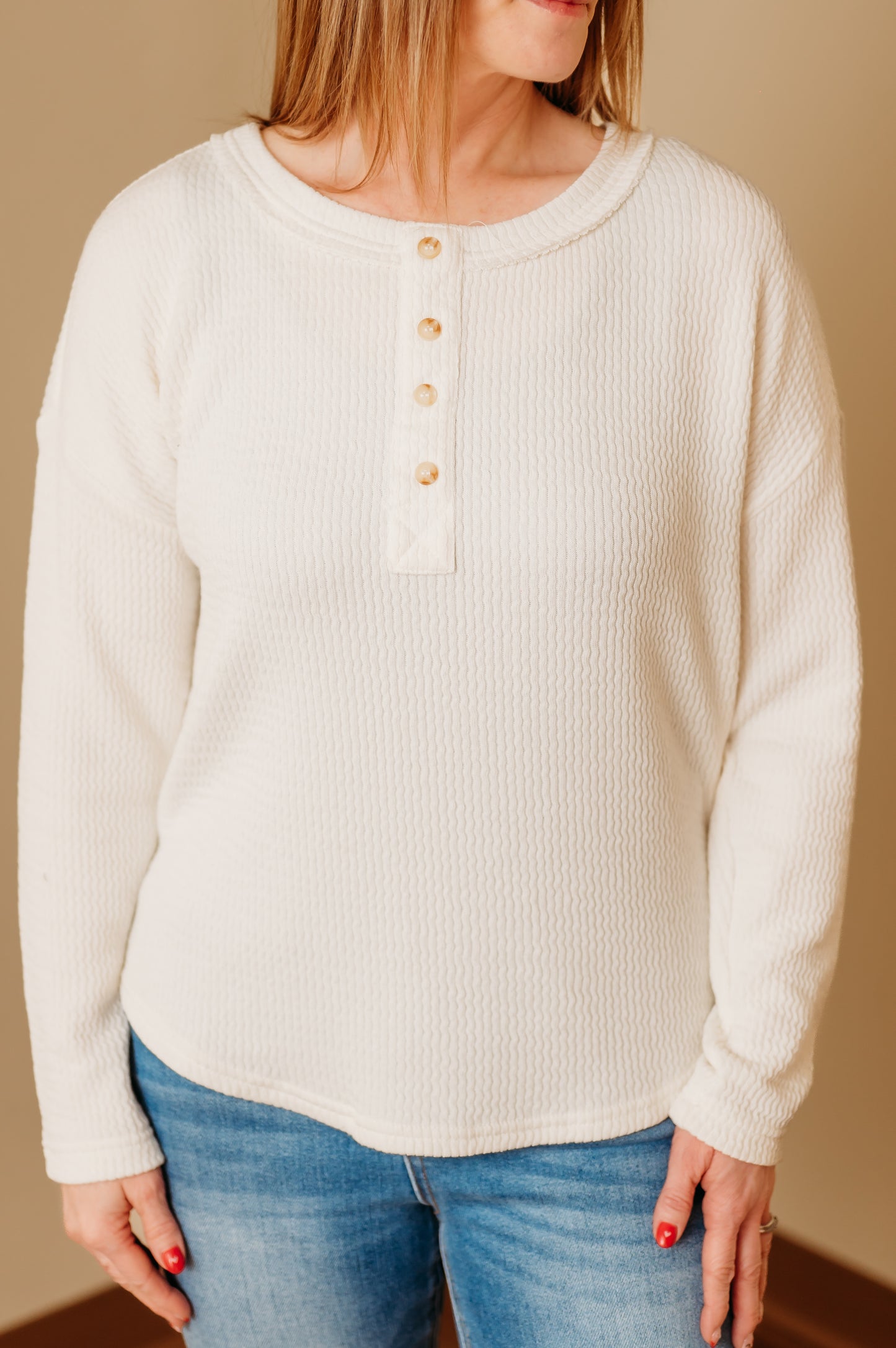 Waffle Knit Half Button Top