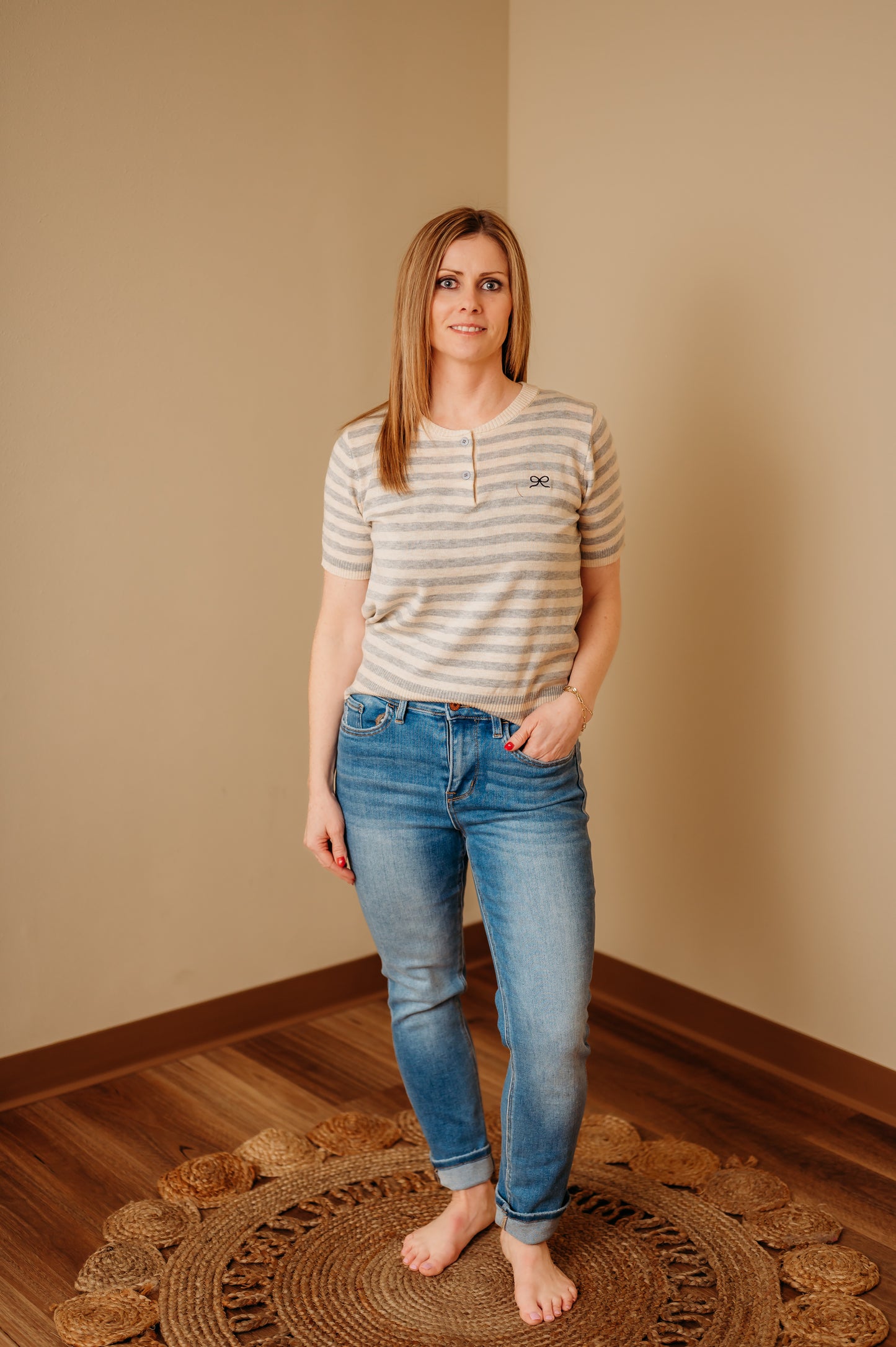 Soft Stripe Bow Knit Top