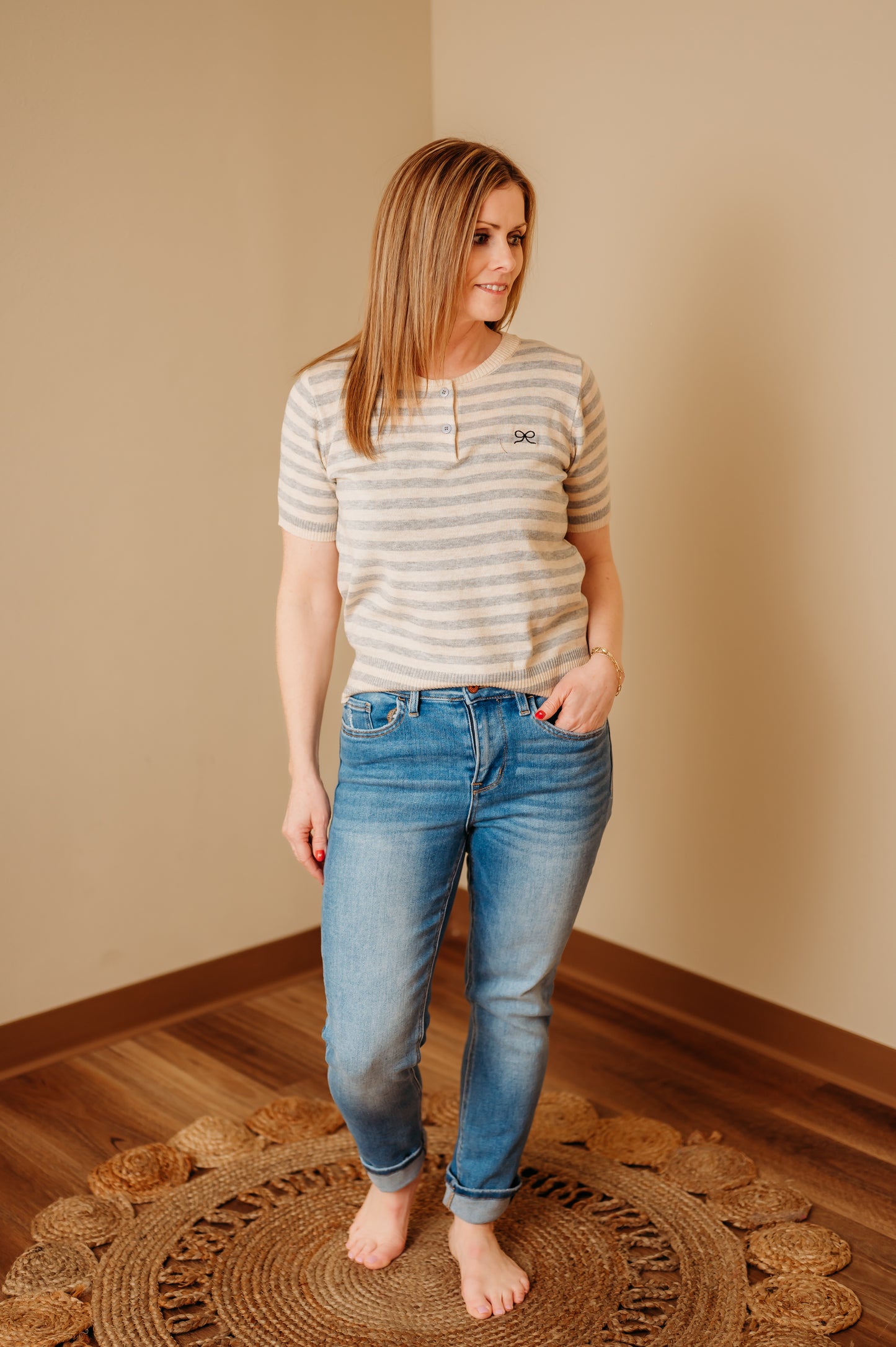 Soft Stripe Bow Knit Top