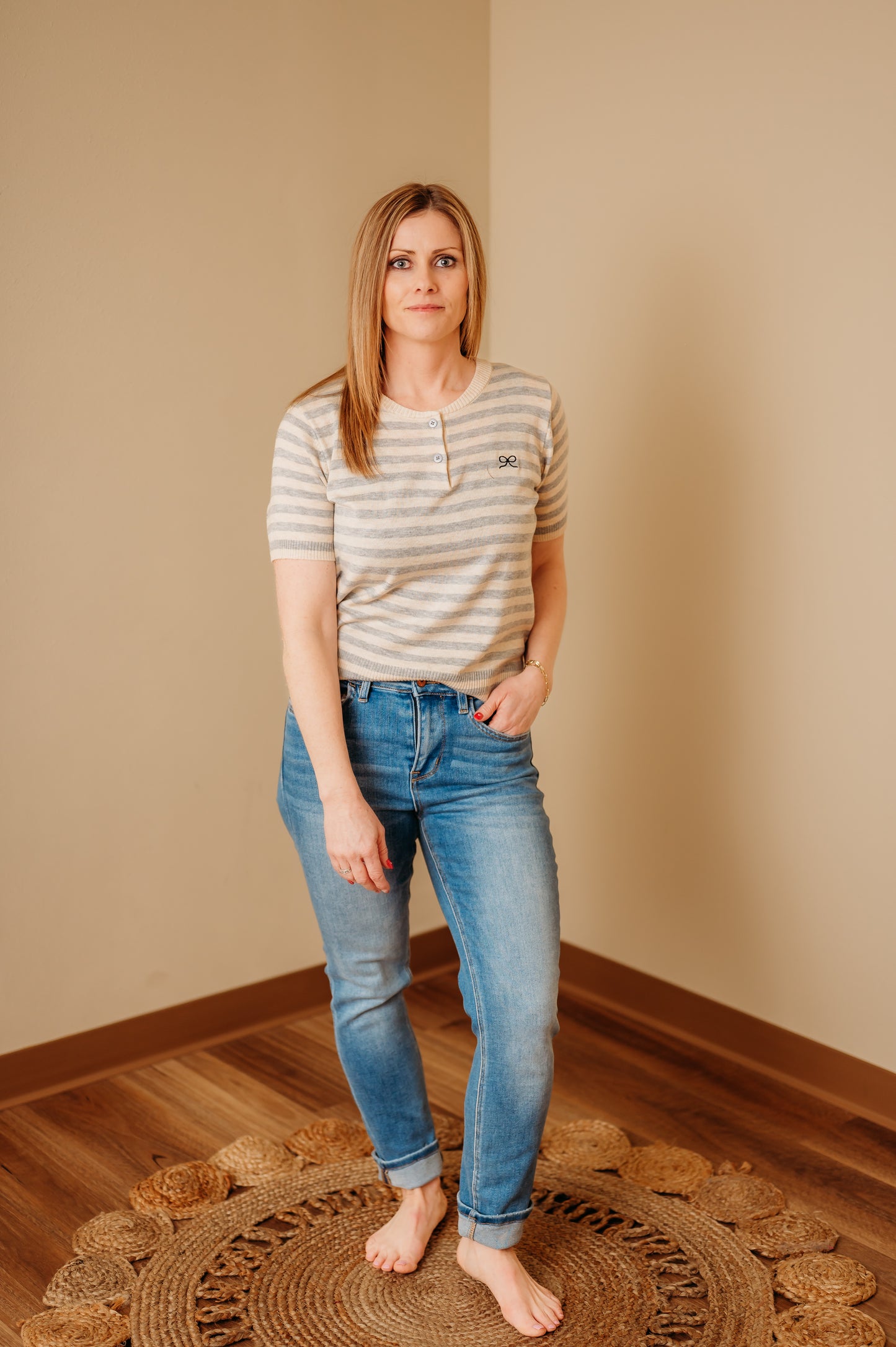 Soft Stripe Bow Knit Top