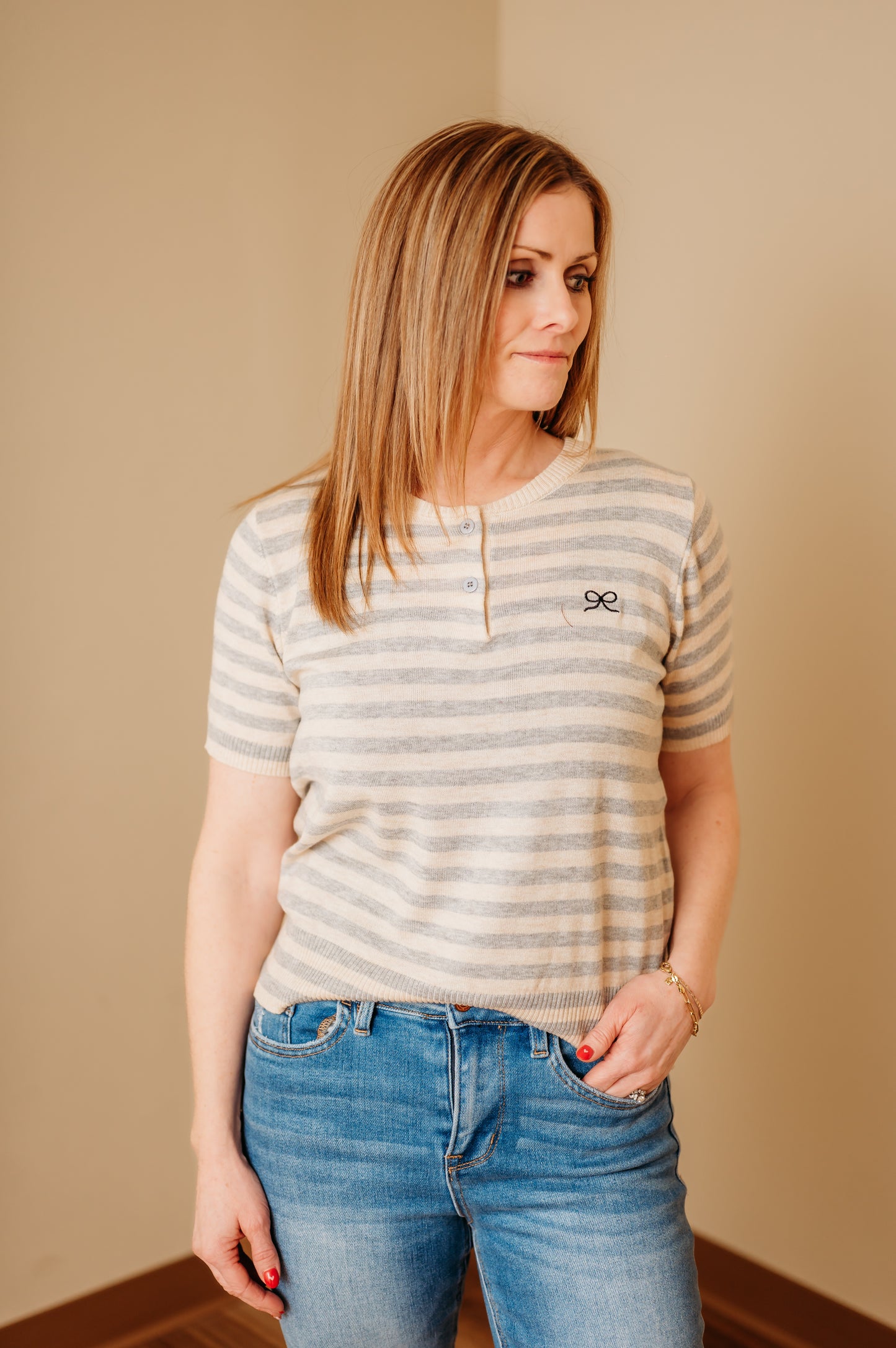 Soft Stripe Bow Knit Top