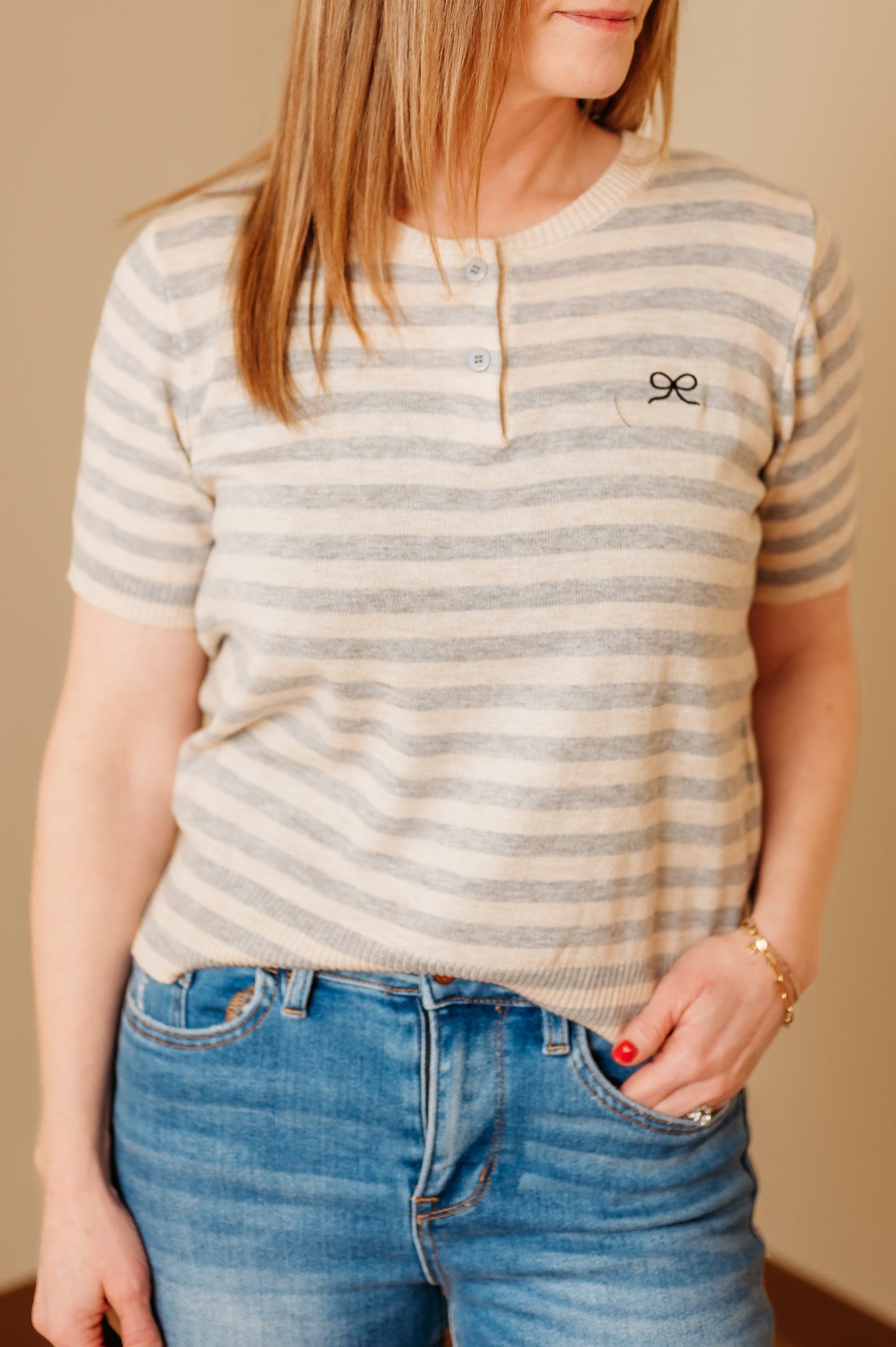 Soft Stripe Bow Knit Top