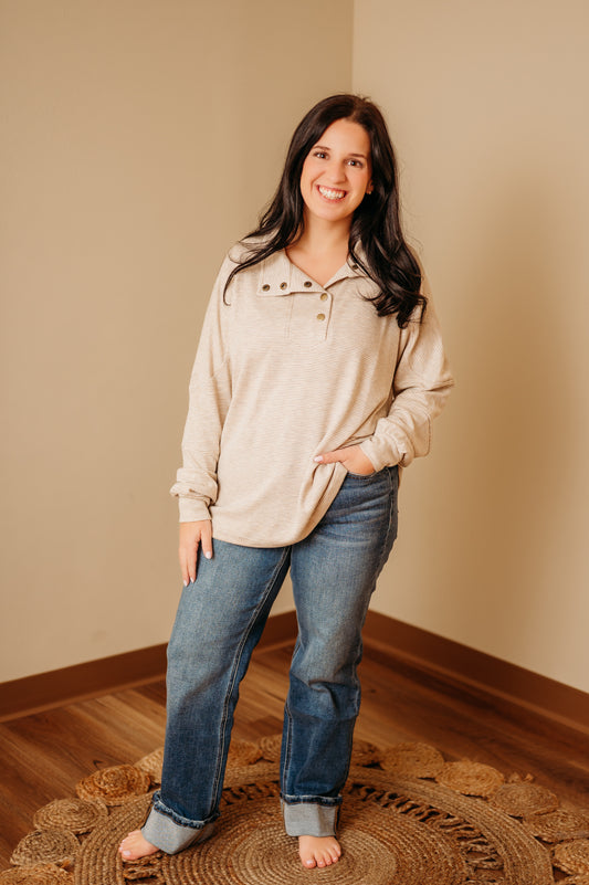 Striped Mock Neck Snap Sweatshirt