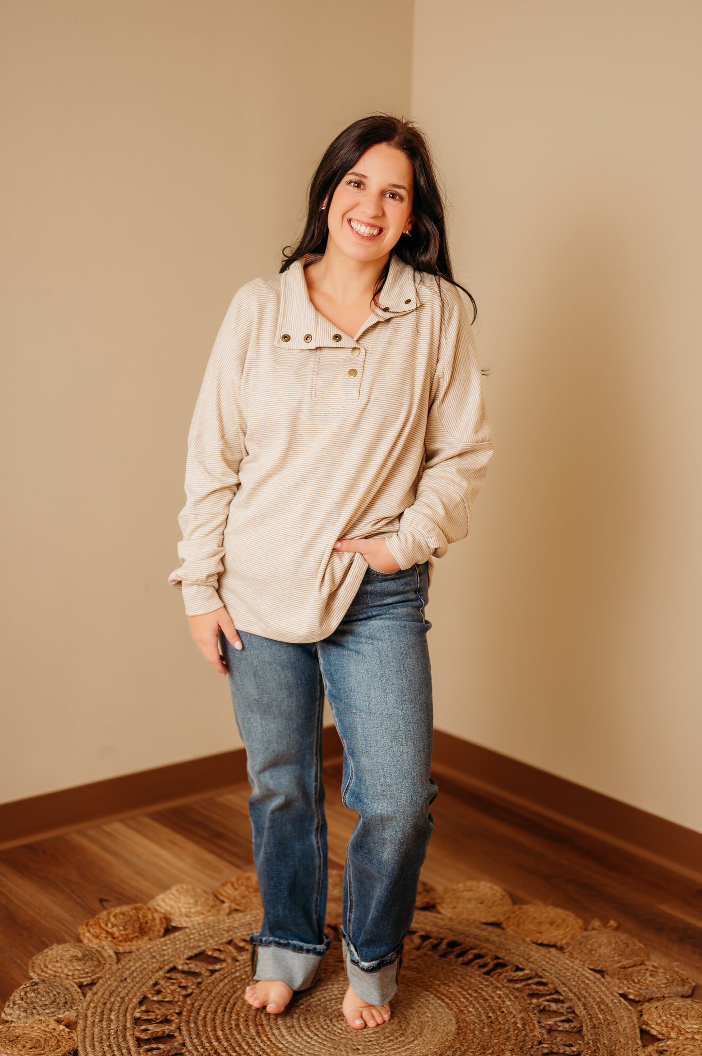 Striped Mock Neck Snap Sweatshirt