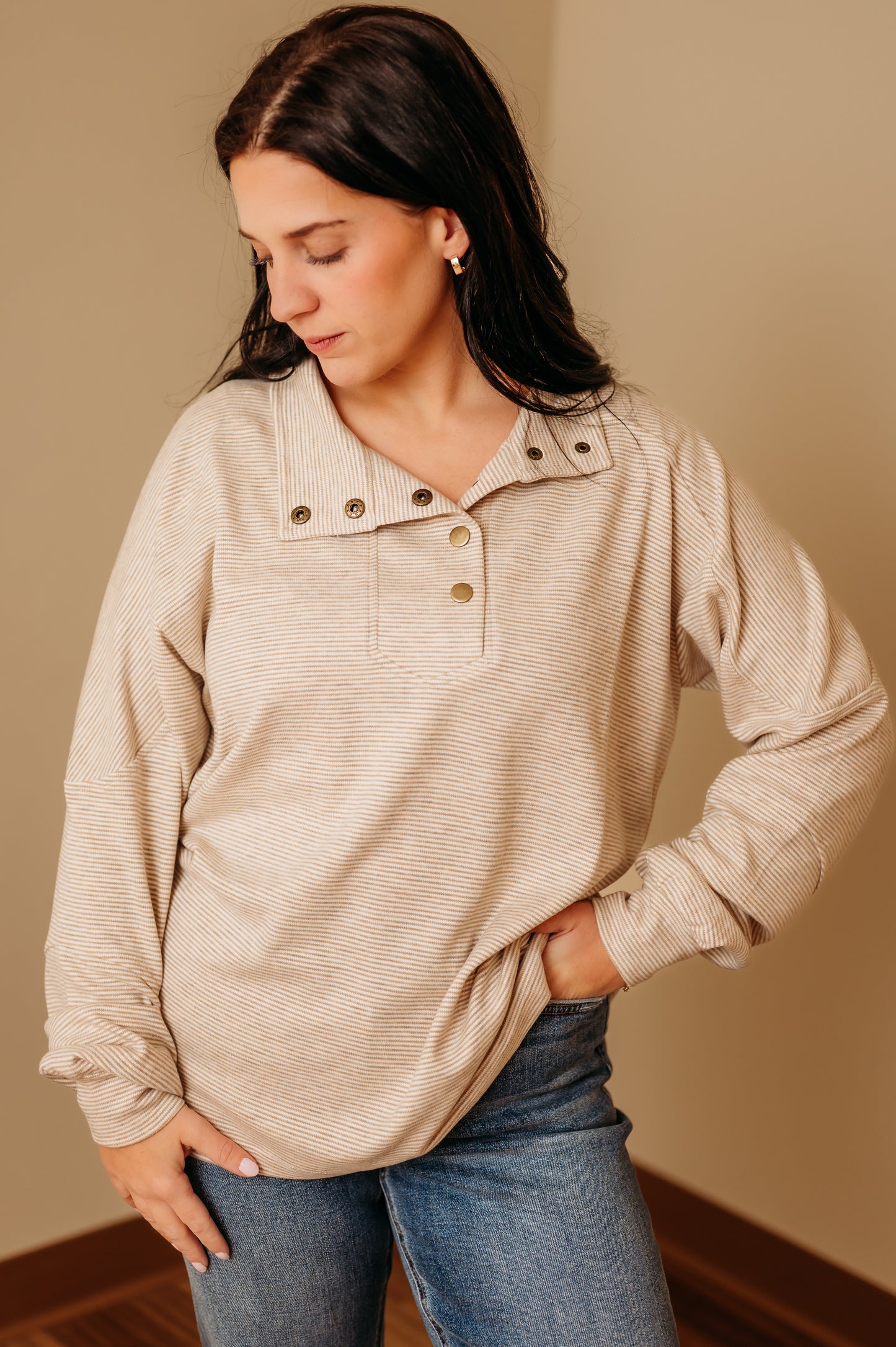 Striped Mock Neck Snap Sweatshirt