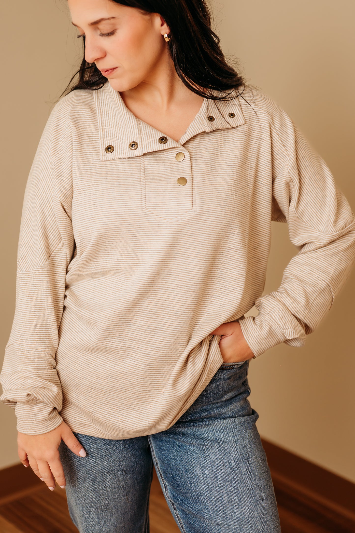 Striped Mock Neck Snap Sweatshirt
