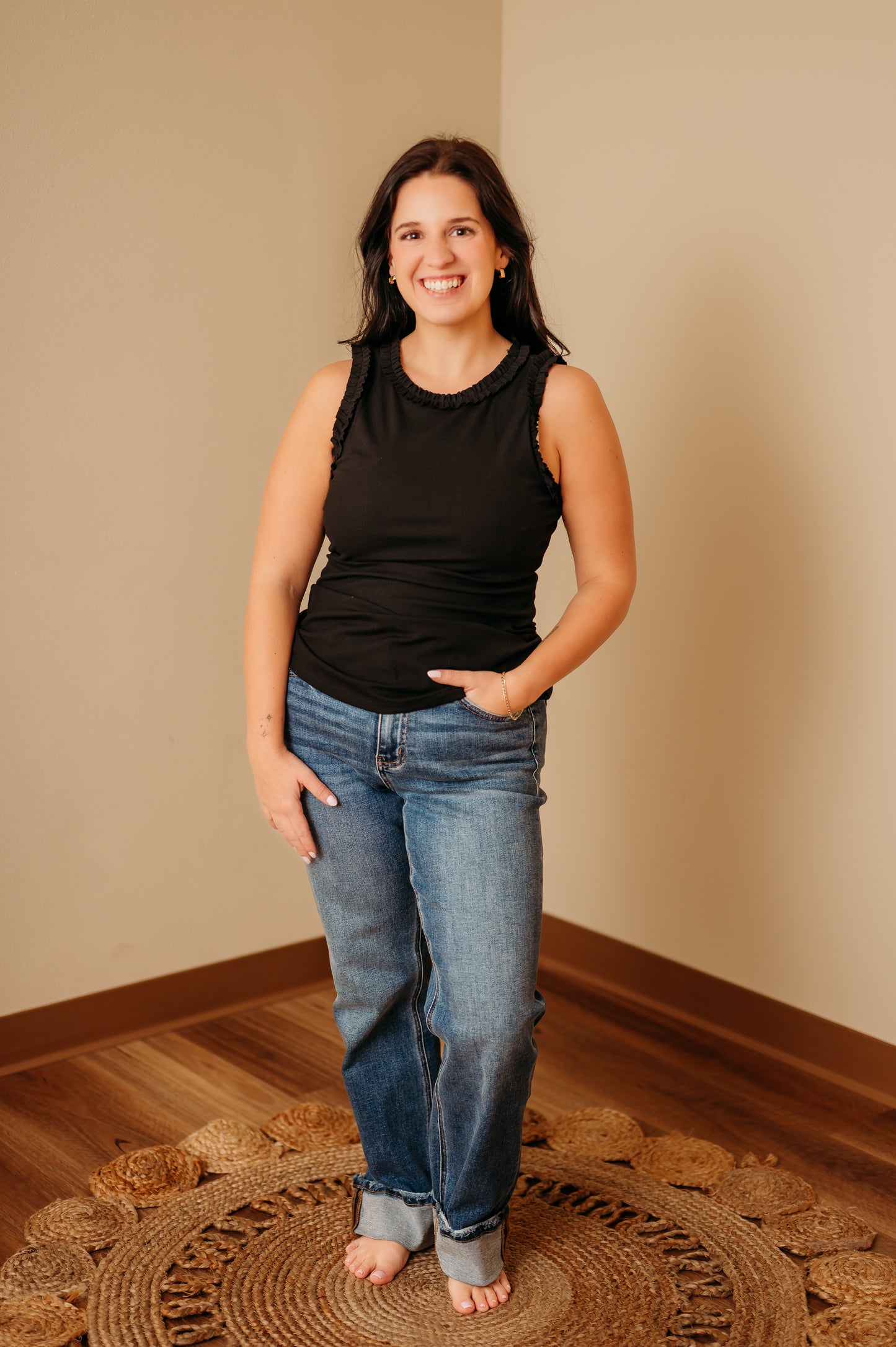 Ribbed Ruffle Trim Tank Top