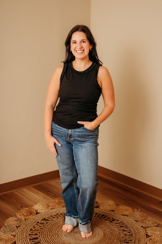 Ribbed Ruffle Trim Tank Top