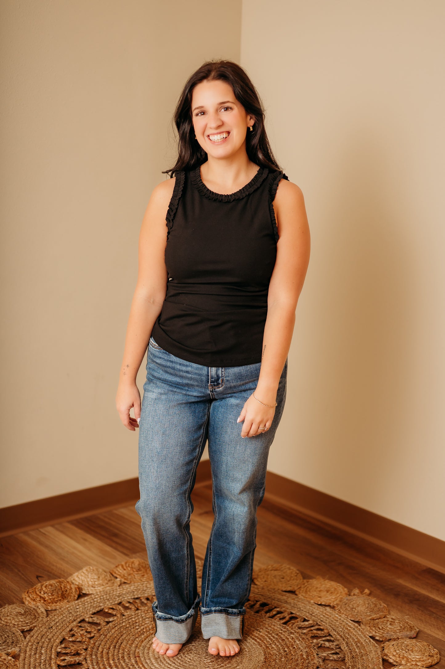 Ribbed Ruffle Trim Tank Top