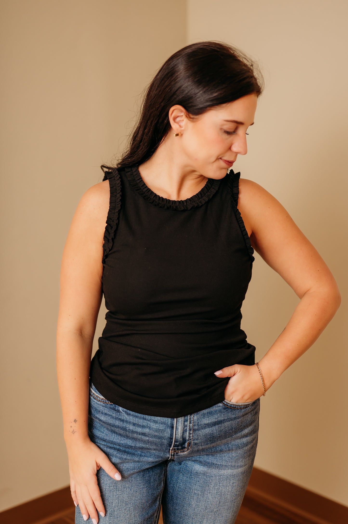 Ribbed Ruffle Trim Tank Top