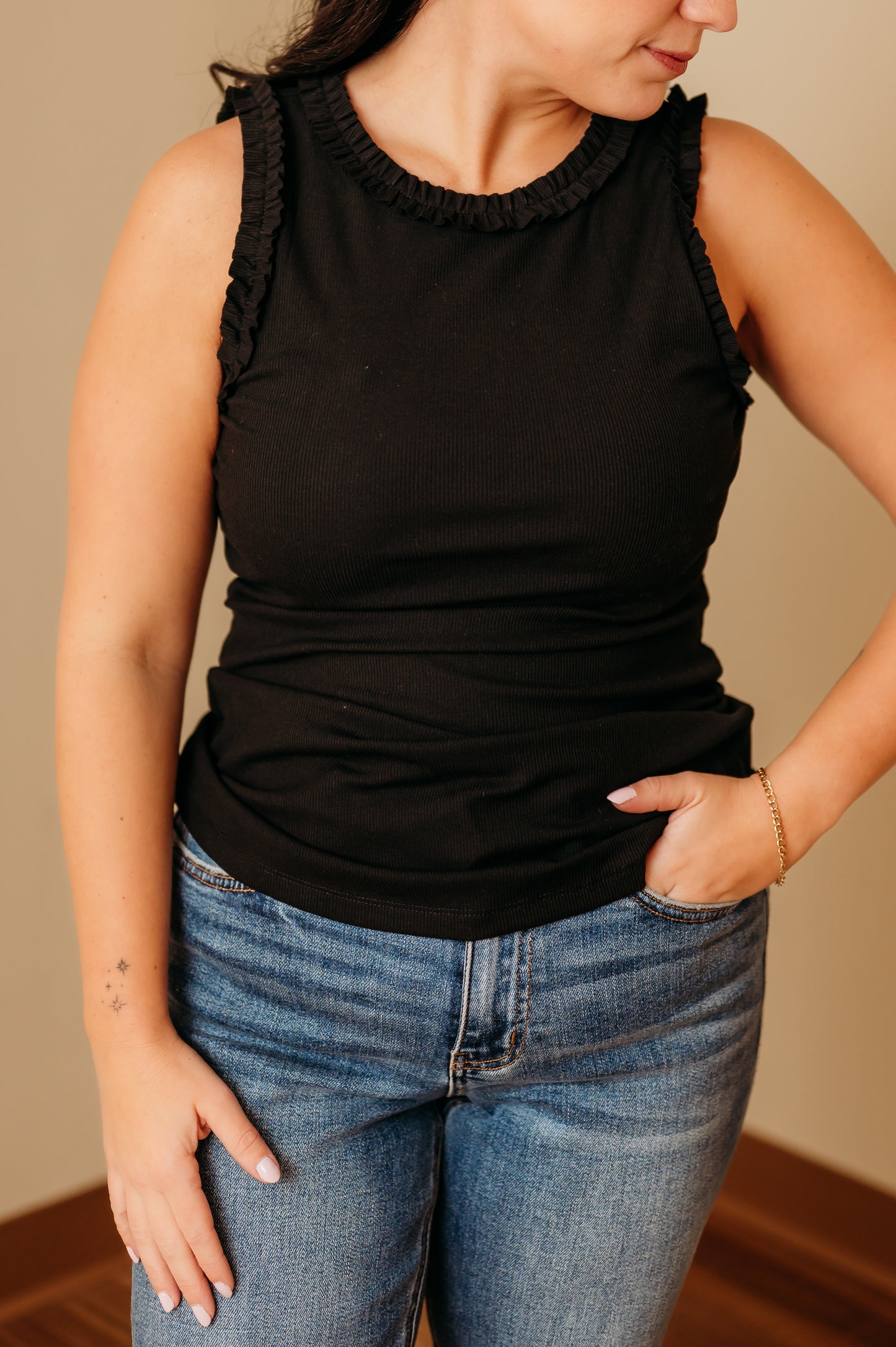 Ribbed Ruffle Trim Tank Top