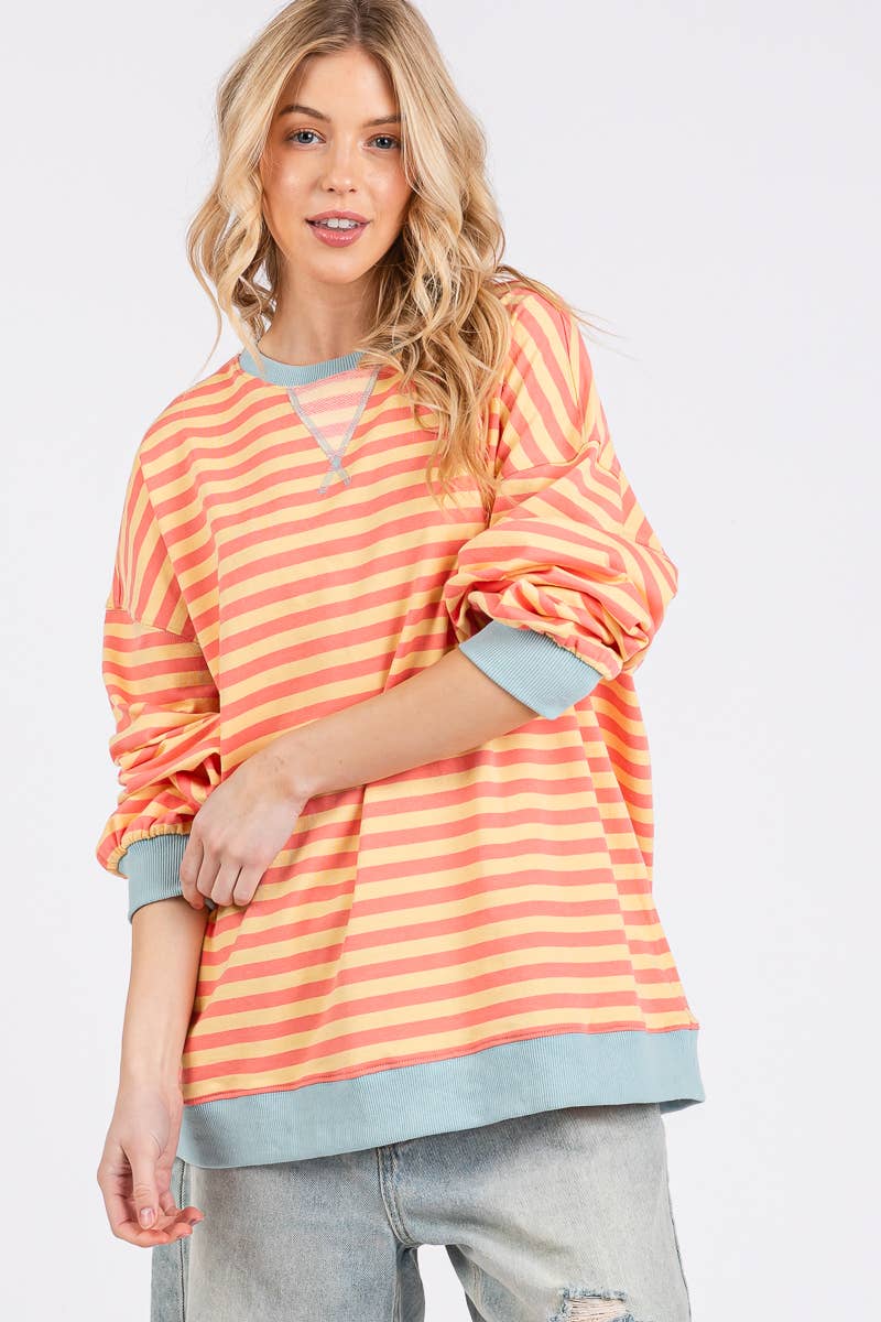 Color Pop Stripe Sweatshirt - Coral + Yellow