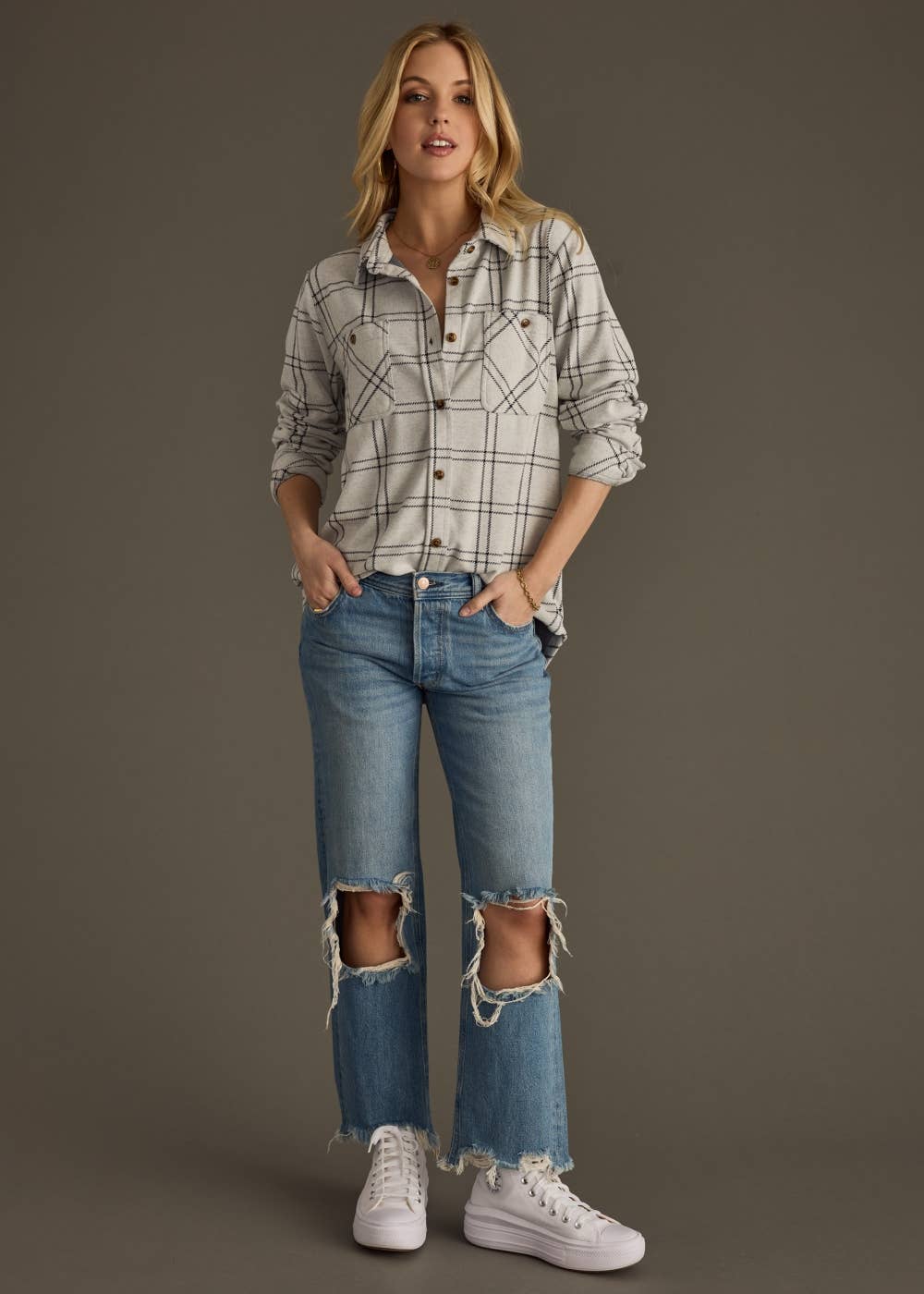 Light Gray & Black Plaid Super Soft Button Up