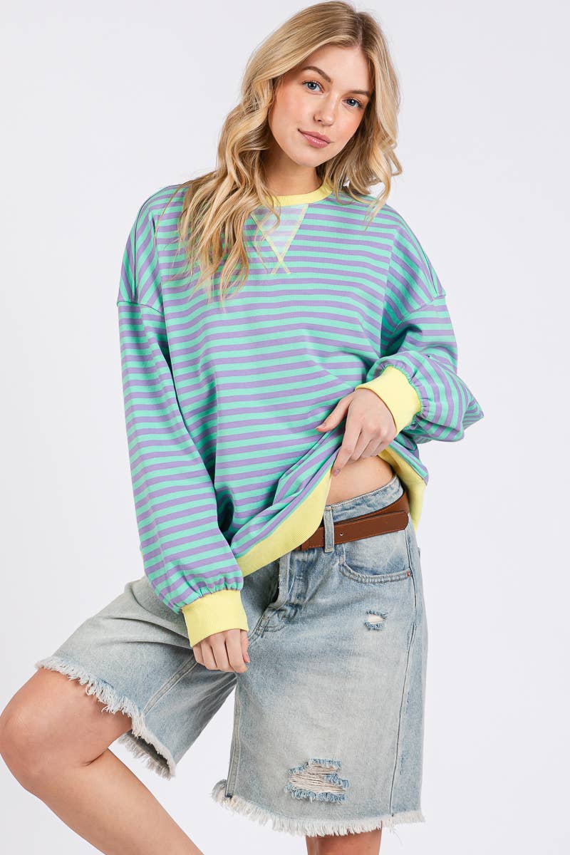 Color Pop Stripe Sweatshirt - Green + Lilac