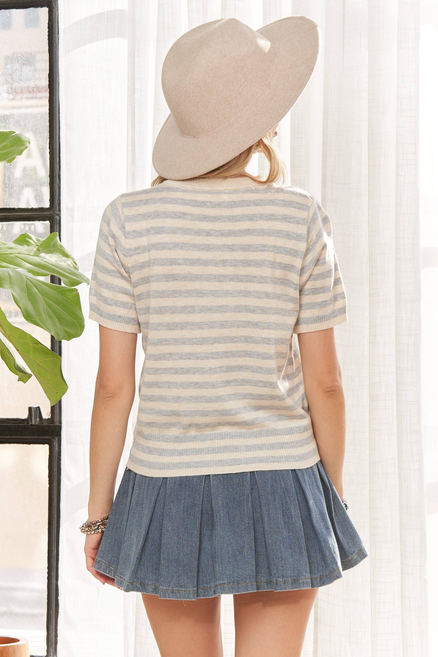 Soft Stripe Bow Knit Top