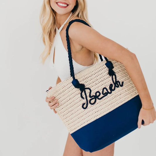 Beach Bum Raffia Tote Bag-Navy