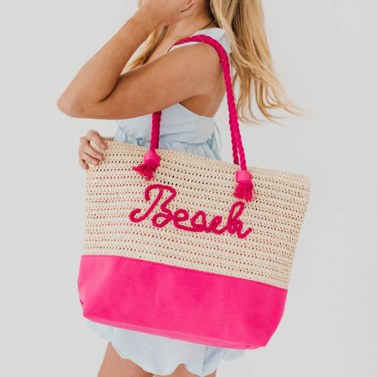 Beach Bum Raffia Tote Bag-Pink